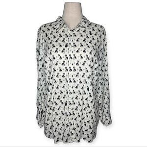 Talbots XL Dog Print Button Front Cotton Blouse Preppy Casual Shirt